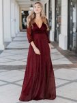 Women’s Sexy Long Sleeve V-Neck Shiny Evening Dress – Burgundy