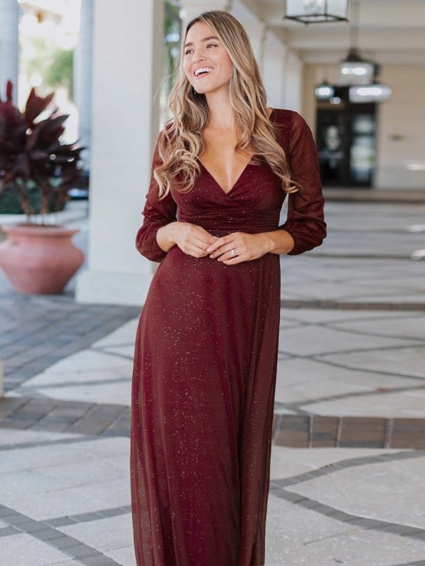 Women's Sexy Long Sleeve V-Neck Shiny Evening Dress - Burgundy