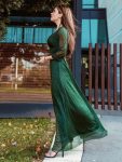 Women’s Sexy Long Sleeve V-Neck Shiny Evening Dress – Dark Green