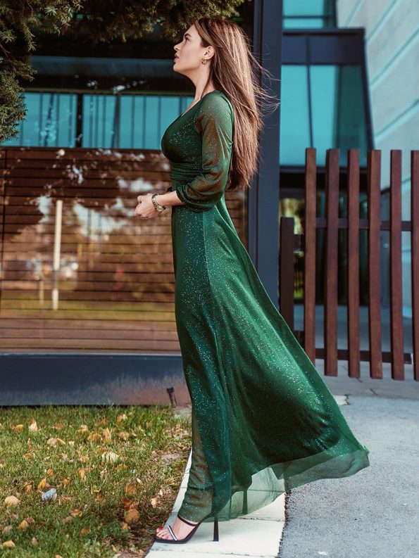 Women's Sexy Long Sleeve V-Neck Shiny Evening Dress - Dark Green