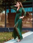 Women’s Sexy Long Sleeve V-Neck Shiny Evening Dress – Dark Green