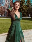 Women’s Sexy Long Sleeve V-Neck Shiny Evening Dress – Dark Green