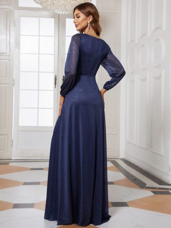 Women's Sexy Long Sleeve V-Neck Shiny Evening Dress - Navy Blue