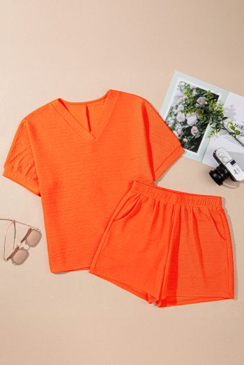 Orange Textured V Neck T Shirt and Shorts Set