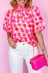 Pink Abstract Print Button Back Ruffed High Neck Blouse