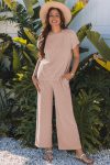 Smoke Gray Solid Corded Knit Short Sleeve T Shirt and Wide Leg Pants Set