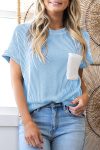 Dark Blue Corded Knit Color Block Pocketed Crew Neck T Shirt