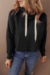 Black Solid Drop Shoulder Drawstring Cropped Hoodie