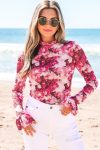 Rose Floral Mesh Flounce Sleeve Mock Neck Blouse