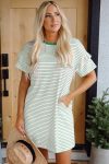 Green Stripe Ruffled Short Sleeve Crew Neck T Shirt Shift Mini Dress