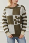 Green Checkered Floral Print Striped Sleeve Sweater
