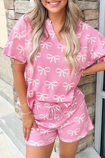 Pink Waffle Knit Bowknot Printed V Neck T Shirt and Shorts Set