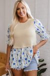 Beige Waffle Floral Patchwork Short Flounce Sleeve Peplum Blouse