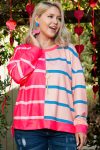 Rose Stripe Color Block Crewneck Long Sleeve Plus Size T Shirt