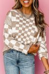 Khaki Checkered Print Drop Shoulder Round Neck Sweater