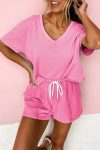 Bonbon V Neck Drop Shoulder Tee and Patchwork Drawstring Shorts Set