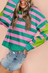 Pink Stripe Star Patchwork Round Neck Pullover Sweatshirt