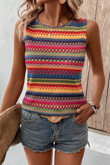 Yellow Ethnic Wavy Pattern Round Neck Sleeveless Top
