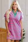Pink Stripe Collared V Neck Puff Sleeve T Shirt Dress