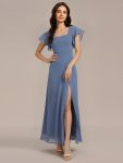 Floral Print Flutter Sleeve Side Split Maxi Formal Dress - Dusty Blue