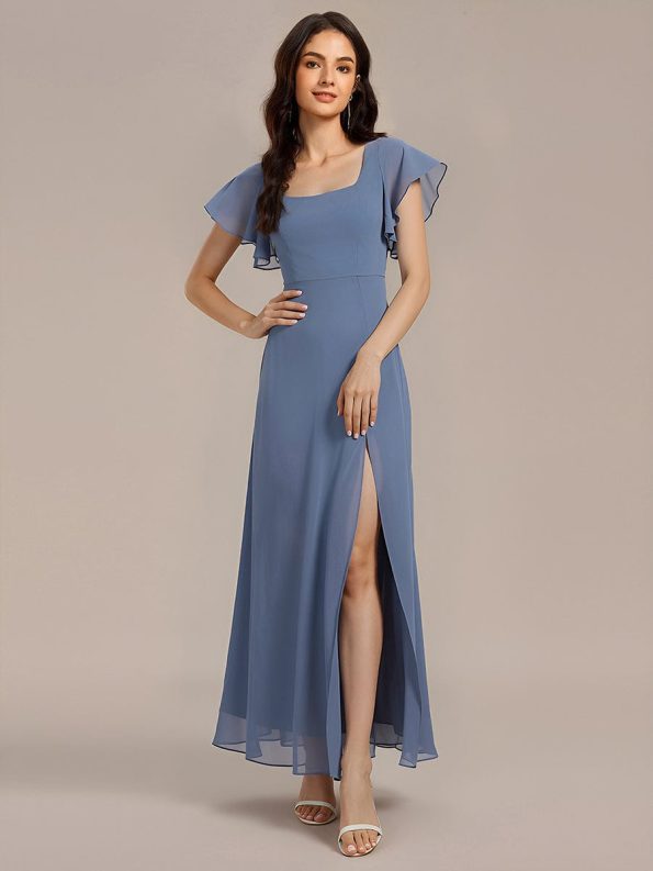 Floral Print Flutter Sleeve Side Split Maxi Formal Dress - Dusty Blue