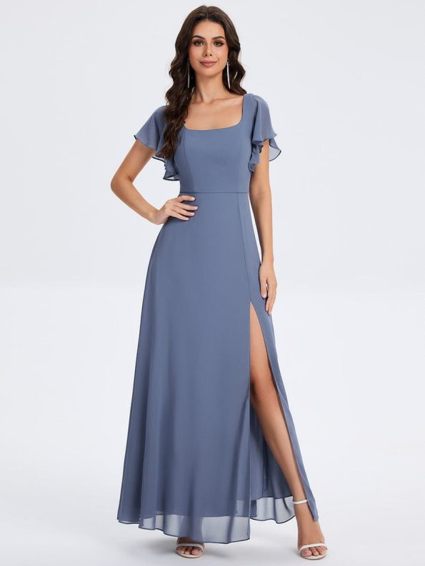Floral Print Flutter Sleeve Side Split Maxi Formal Dress - Dusty Blue