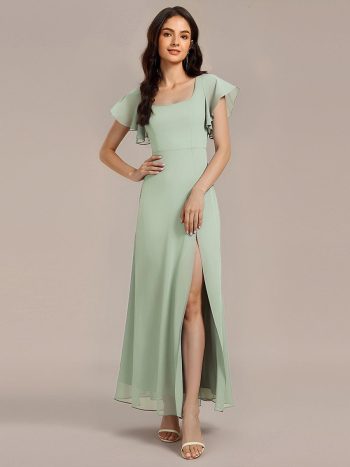 Floral Print Flutter Sleeve Side Split Maxi Formal Dress - Mint Green