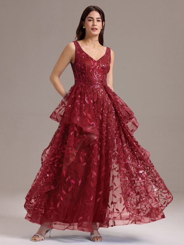 Double V-Neck A-Line Layered Sequin Formal Dress - Burgundy