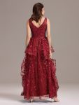 Double V-Neck A-Line Layered Sequin Formal Dress – Burgundy
