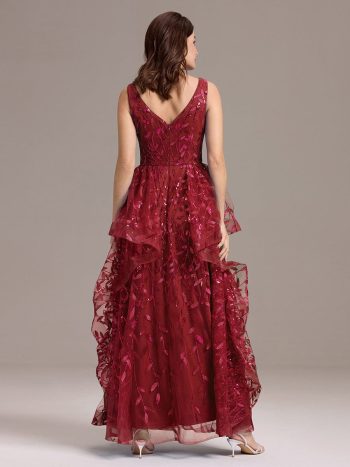 Double V-Neck A-Line Layered Sequin Formal Dress - Burgundy