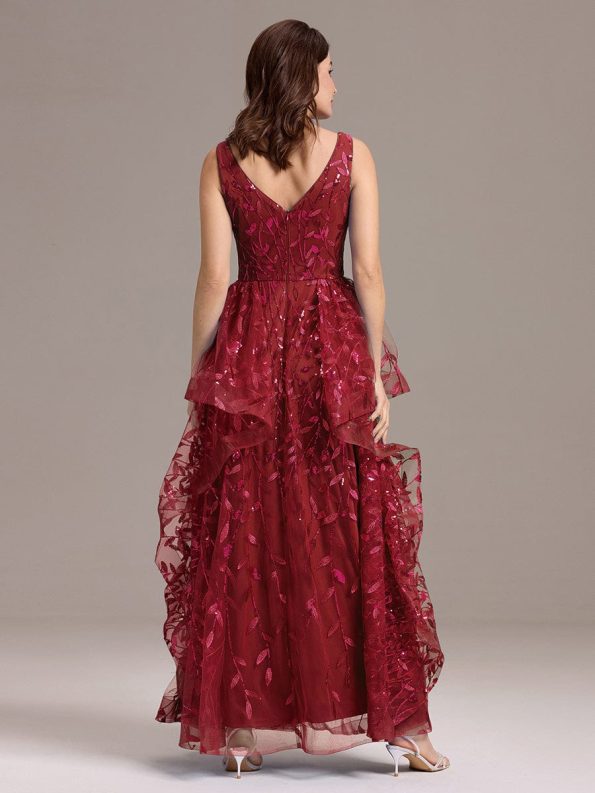 Double V-Neck A-Line Layered Sequin Formal Dress - Burgundy