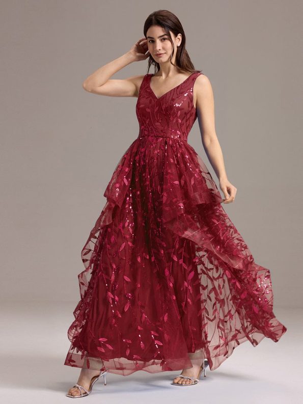 Double V-Neck A-Line Layered Sequin Formal Dress - Burgundy