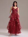 Double V-Neck A-Line Layered Sequin Formal Dress - Burgundy