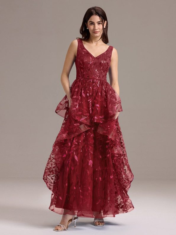 Double V-Neck A-Line Layered Sequin Formal Dress - Burgundy
