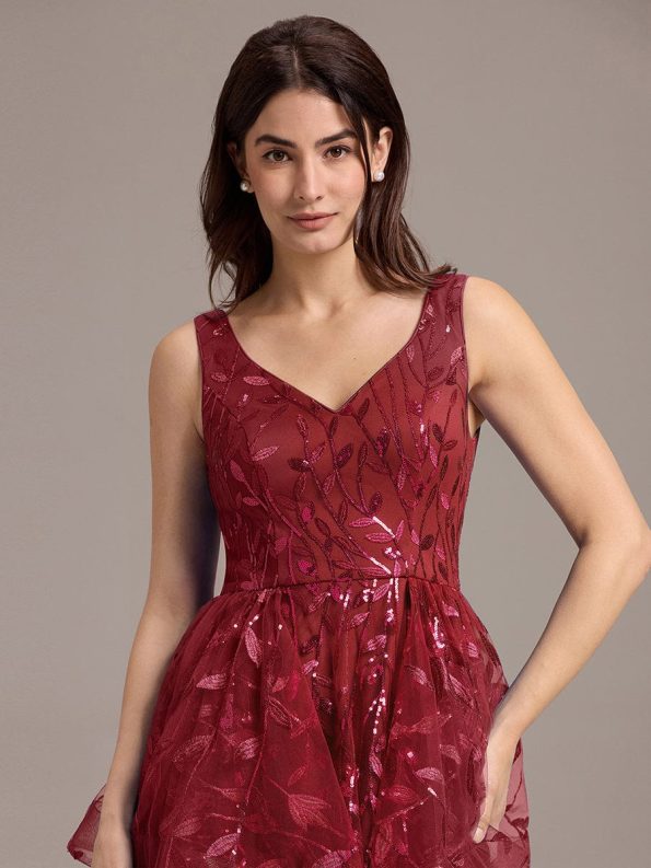 Double V-Neck A-Line Layered Sequin Formal Dress - Burgundy