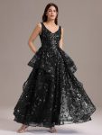 Double V-Neck A-Line Layered Sequin Formal Dress - Black