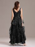 Double V-Neck A-Line Layered Sequin Formal Dress – Black
