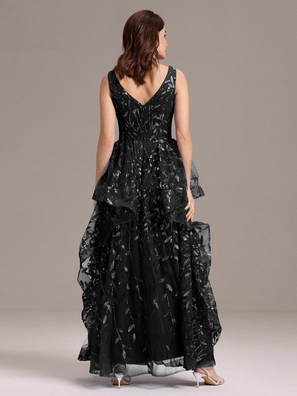 Double V-Neck A-Line Layered Sequin Formal Dress - Black