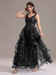 Double V-Neck A-Line Layered Sequin Formal Dress – Black