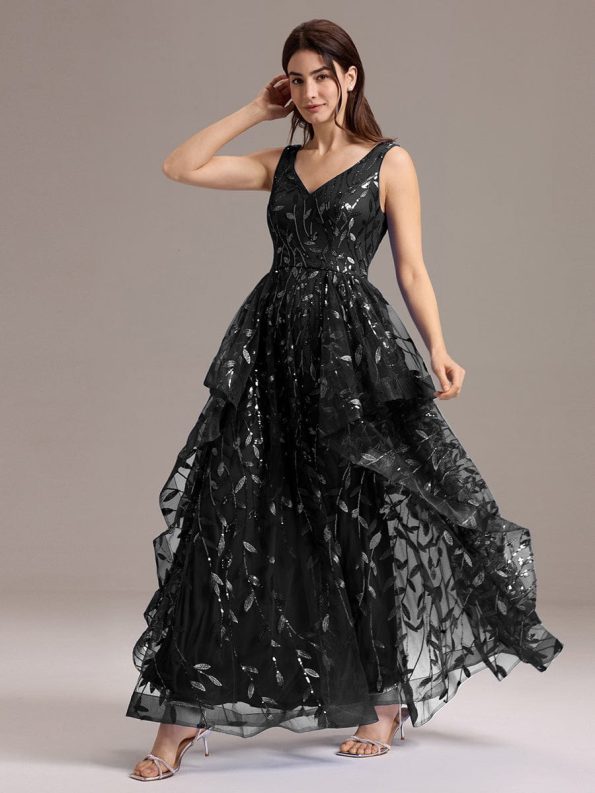 Double V-Neck A-Line Layered Sequin Formal Dress - Black