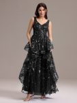 Double V-Neck A-Line Layered Sequin Formal Dress – Black