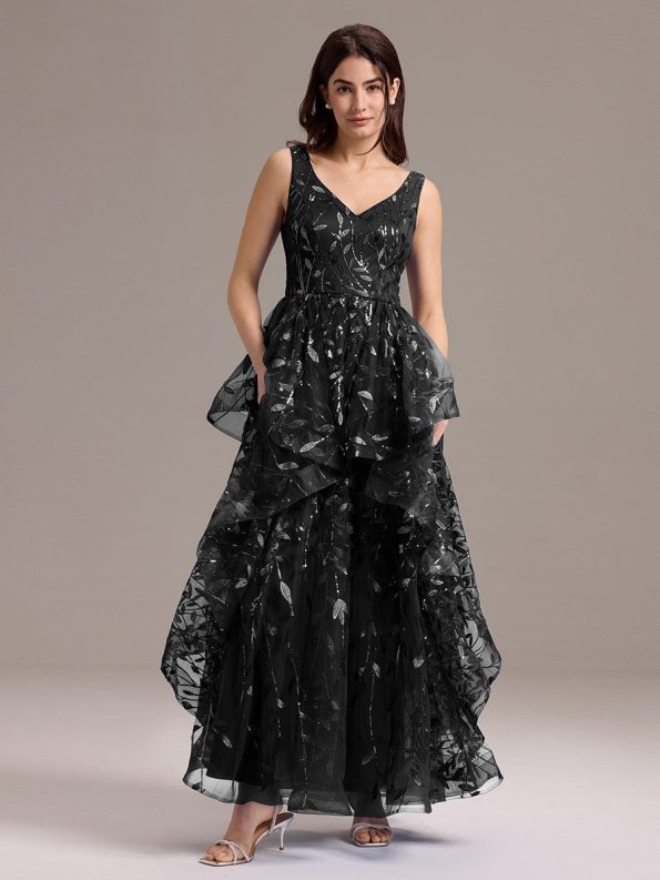 Double V-Neck A-Line Layered Sequin Formal Dress - Black