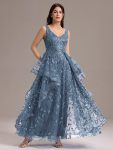 Double V-Neck A-Line Layered Sequin Formal Dress - Dusty Blue