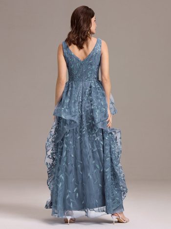 Double V-Neck A-Line Layered Sequin Formal Dress - Dusty Blue