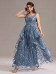 Double V-Neck A-Line Layered Sequin Formal Dress – Dusty Blue
