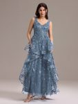 Double V-Neck A-Line Layered Sequin Formal Dress – Dusty Blue