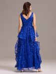 Double V-Neck A-Line Layered Sequin Formal Dress – Sapphire Blue