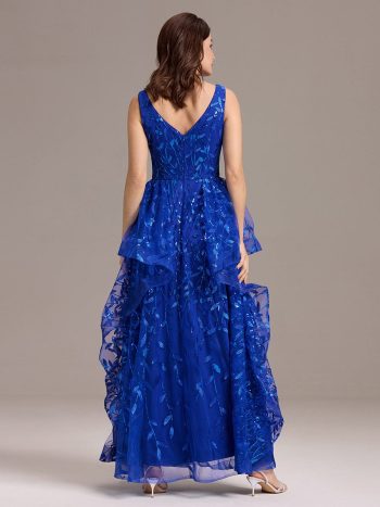 Double V-Neck A-Line Layered Sequin Formal Dress - Sapphire Blue