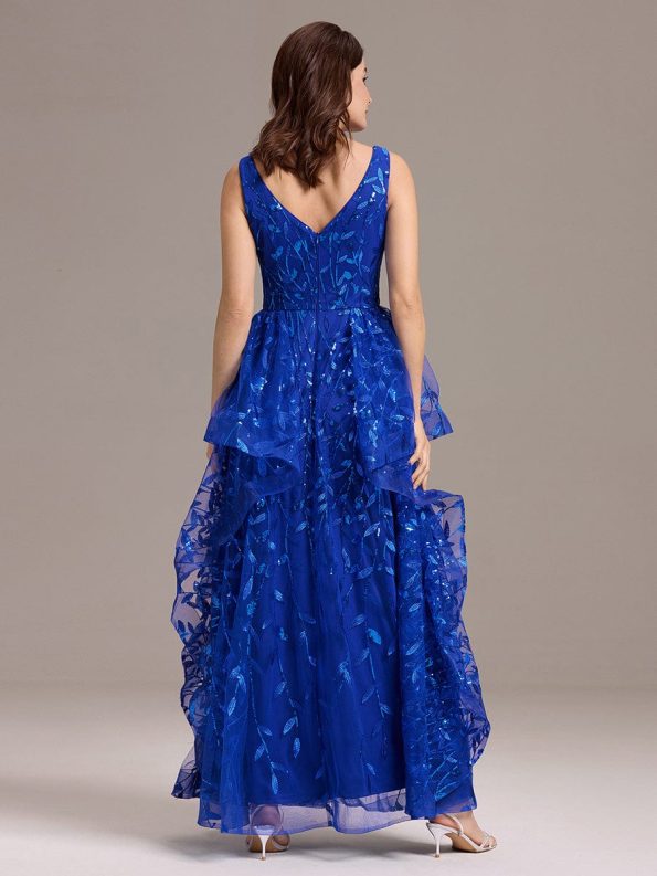 Double V-Neck A-Line Layered Sequin Formal Dress - Sapphire Blue