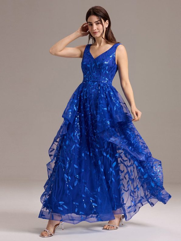 Double V-Neck A-Line Layered Sequin Formal Dress - Sapphire Blue